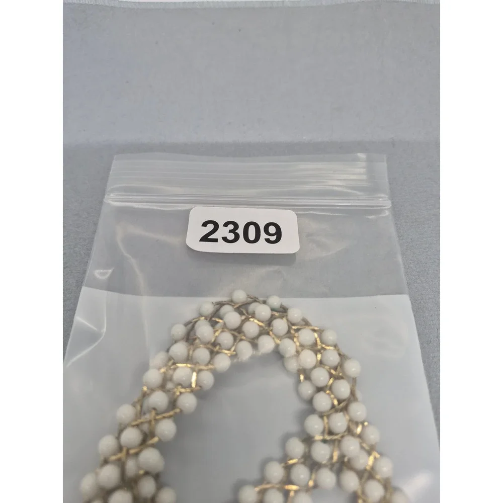 Vintage Woven Milk White Bead Necklace Woman Gold Tone Triple Strand Mesh Chain
